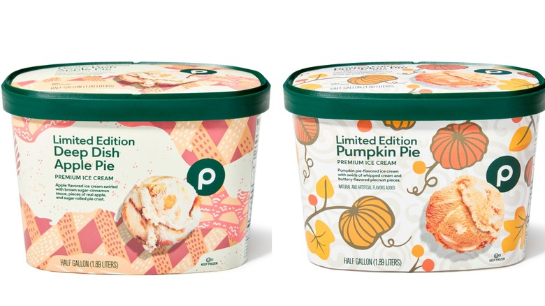 A half-gallon container of Publix Limited-Edition Pumpkin Pie Premium Ice Cream and a half-gallon of Publix Limited-Edition Deep-Dish Apple Pie Premium Ice Cream