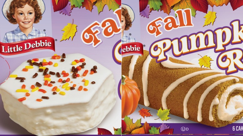 A package of Little Debbie Fall Pumpkin Spice Rolls and a box of Little Debbie Fall Party Cakes
