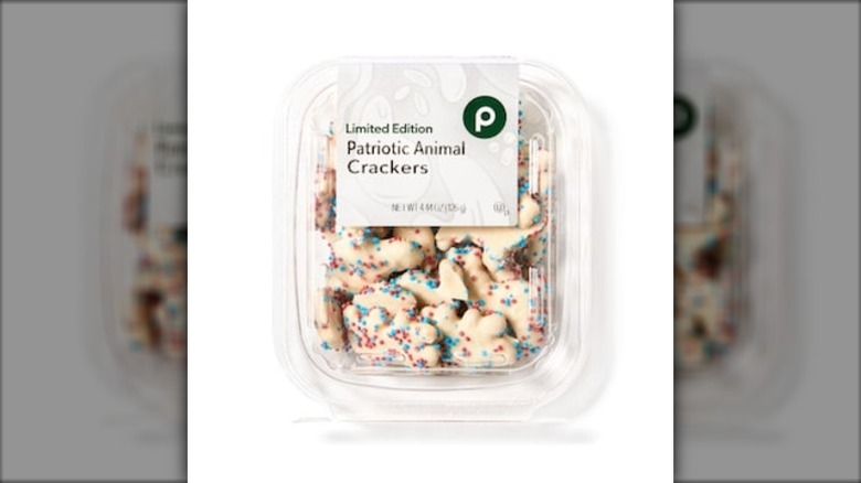 A tub of Publix Patriotic Animal Crackers on a white background.