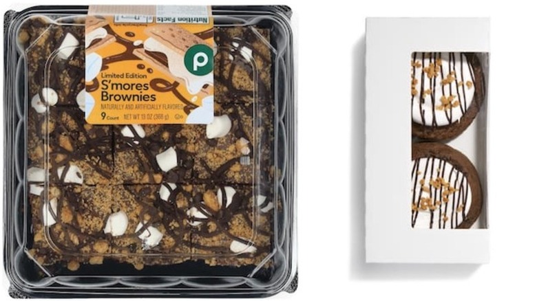 Publix bakery s'mores brownies and cookies displayed on a white background.