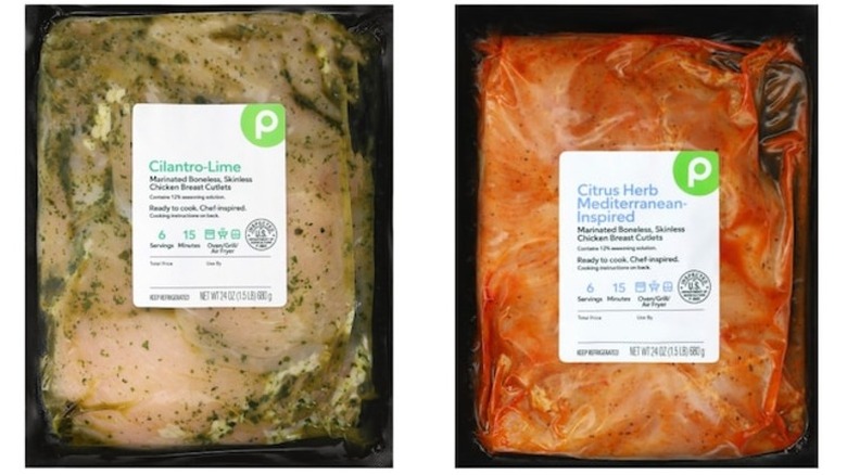 Two packages of Publix Cilantro Lime and Citrus Herb marinated boneless skinless chicken breast cutlets on a white background.