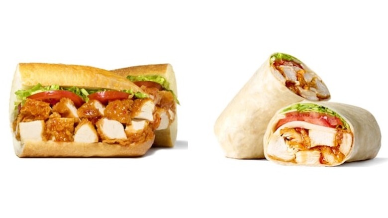Publix Sweet and Spicy Chili Chicken Tender Sub and Sweet and Spicy Chili Chicken Tender Wrap on a white background.