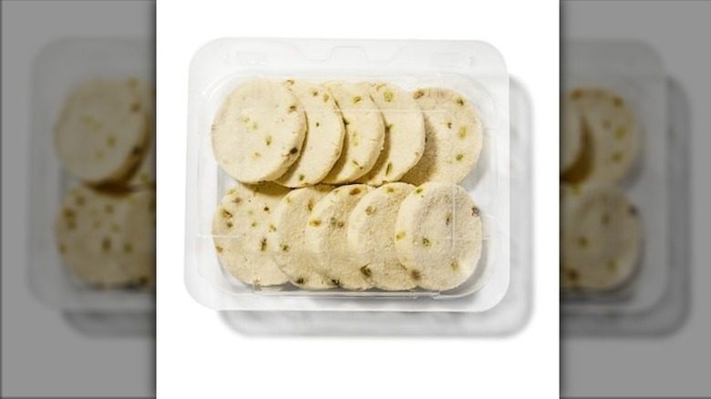 A product image of Publix's Brown Butter Pistachio Shortbread Cookies in plastic container