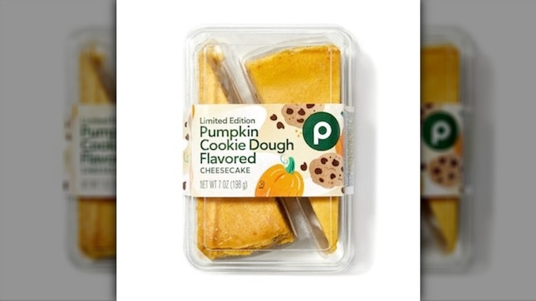A product image of two slices of Publix's Cookie Dough Pumpkin Cheesecake