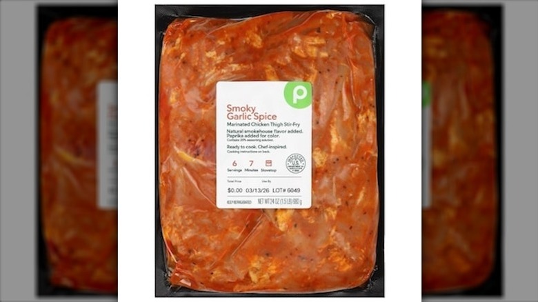 A product image of Publix's raw Smoky Garlic Spice Marinated Chicken Thigh Stir Fry.