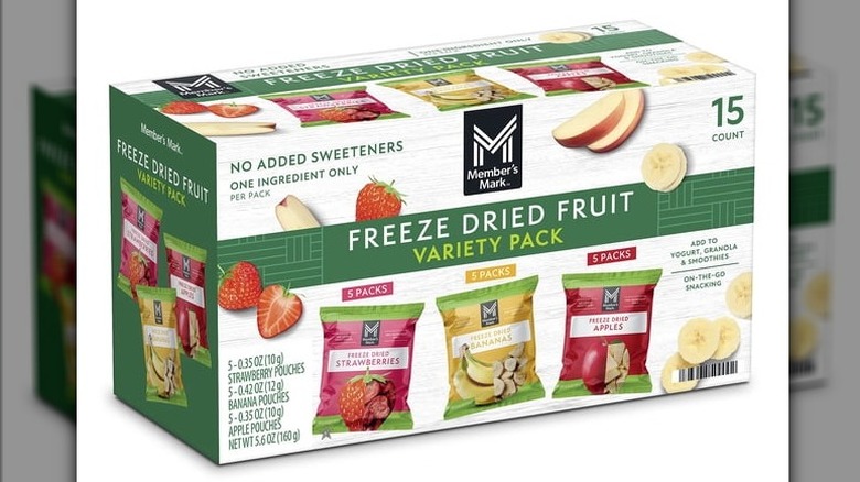 A box of Member's Mark Freeze Dried Fruit Variety Pack on a white background.