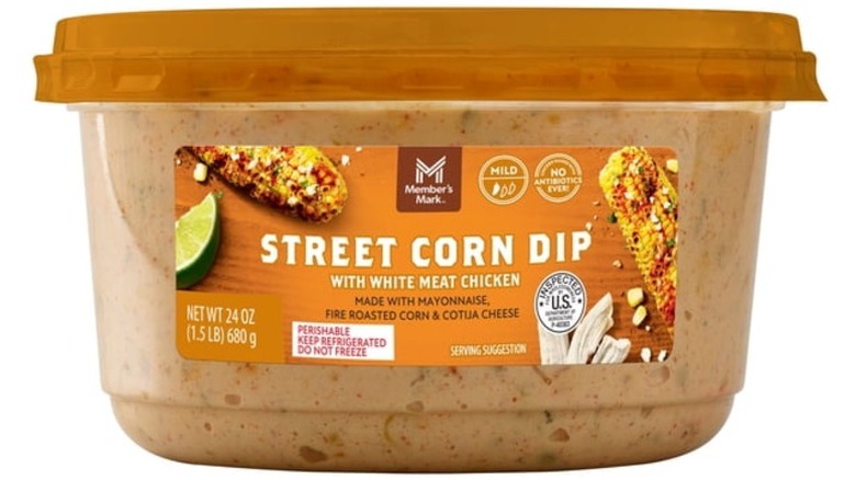 A tub of Member's Mark Street Corn Dip with White Meat Chicken on a white background.