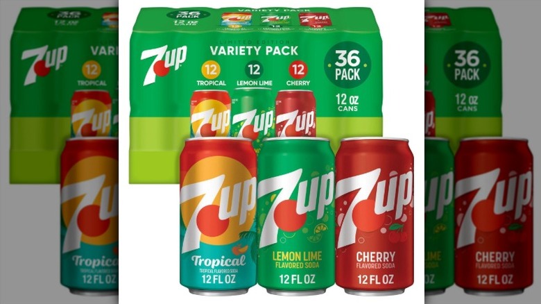 7Up Summer Variety Pack plus individual cans of 7UP original, cherry, and tropical flavors on a white background.