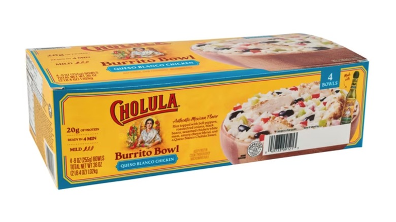 Box of Cholula Queso Blanco Chicken Burrito Bowls on white background.
