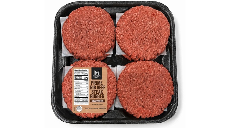 A product image of Sam's Club's Member's Mark Prime Rib Ground Beef Patties on a white background.