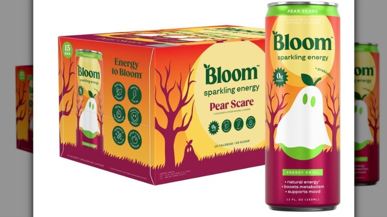 box of Bloom Pear Scare Sparkling Energy Drinks shown with a can of the product