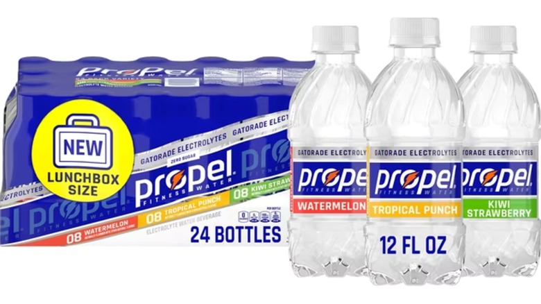 Propel Water Variety Pack with three individual bottles in front of package on white background