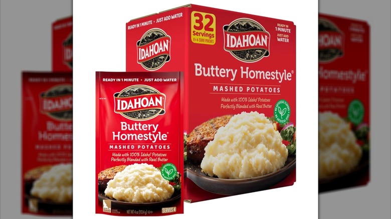 Idahoan Buttery Homestyle Potatoes in box and individual package on white background
