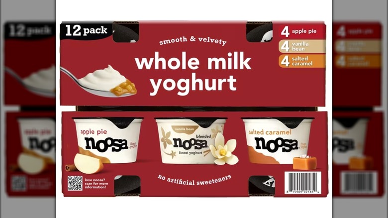 Two boxes of 12-pack Noosa Whole Milk Yogurt Fall Variety Pack stacked on white background