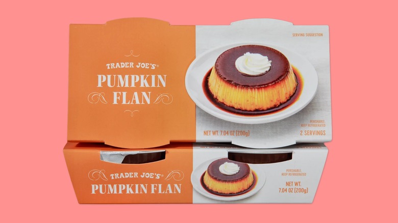 Two boxes of the Trader Joe's Pumpkin Flan on a pink background.