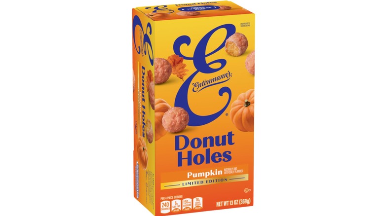 Product image of a box of Entenmann's Pumpkin Donut Holes on a white background.