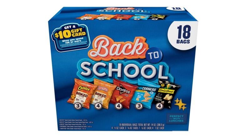 Box of Back to School snack chips variety pack on a white background.