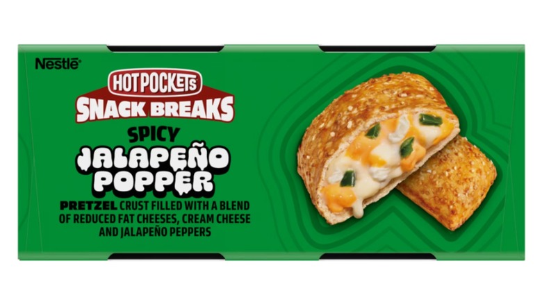 Box of jalapeno popper Hot Pockets on a white background.