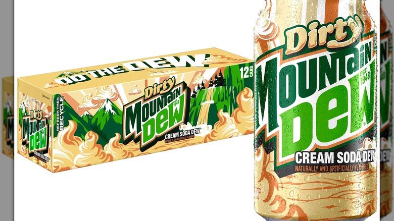 Box of Dirty Mountain Dew Cream Soda next to a can with condensation on it