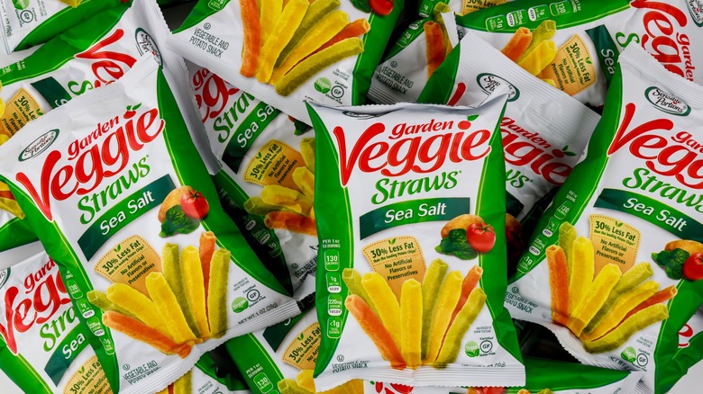 Bags of Sensible Portions Garden Veggie Straws in a pile