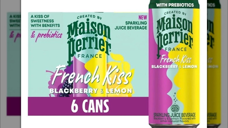 Box of Maison Perrier French Kiss Blackberry & Lemon Sparkling Water with one can next to it