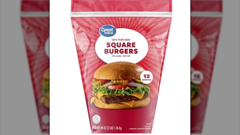 Bag of Great Value 100% Pure Beef Square Burgers on white background