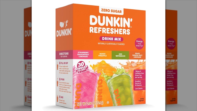 Box of Dunkin' Refreshers Zero Sugar Singles on white background