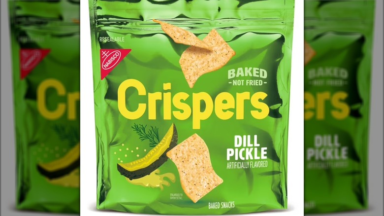 A bag of the Crispers dill pickle flavored baked snacks