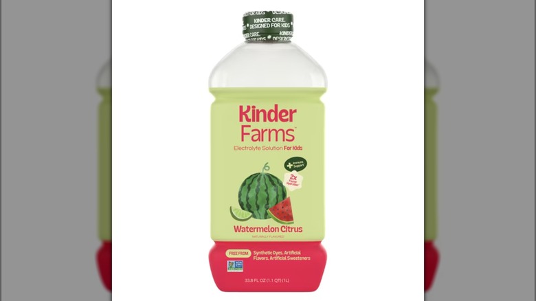 A bottle of the watermelon flavored KinderFarms electrolyte solution for kids