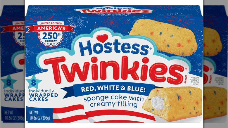 A box of the limited edition Hostess red, white, and blue Twinkies