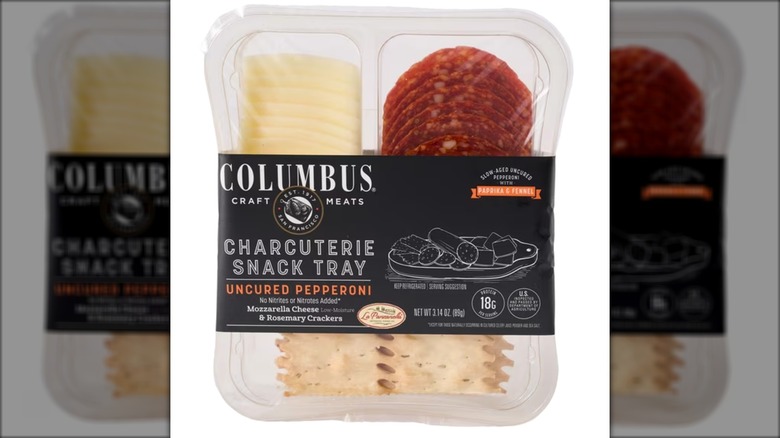Columbus Charcuterie Snack Tray with Uncured Pepperoni, Mozzarella Cheese, and Rosemary Crackers on white background