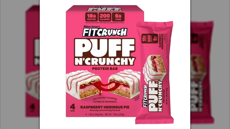 FITCRUNCH Puff n' Crunchy Raspberry Meringue Pie Protein Bars in pink box on white background