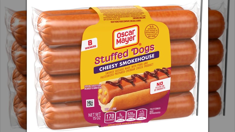 Oscar Mayer Cheesy Smokehouse Stuffed Dogs in package on white background
