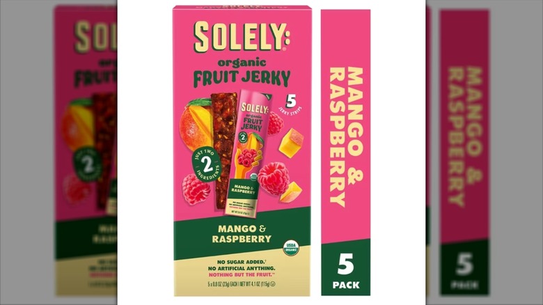 Solely Mango & Raspberry Organic Fruit Snack Jerky in pink box on white background