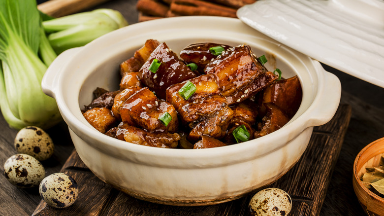 Claypot dish of Chinese stewed pork and quail eggs