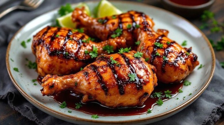 Grilled chicken drumsticks with fresh herbs on a white plate