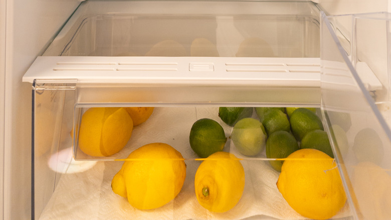 Lemons and limes in fridge's crisper drawer