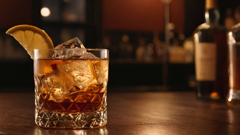 Close up of a classic Old Fashioned cocktail in a dark bar on a wooden table, with whiskey or bourbon bottle blurred in the background.