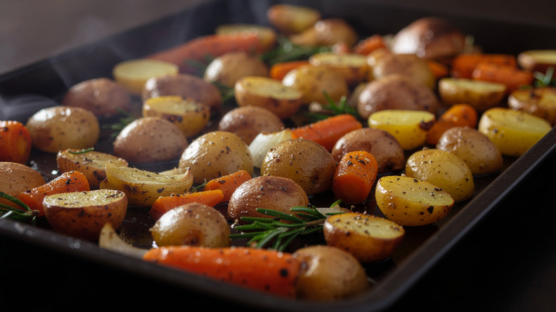Roasted vegetables in a sheet pan.