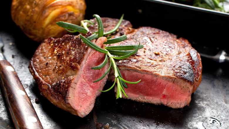 A well-seared steak with a medium-rare interior