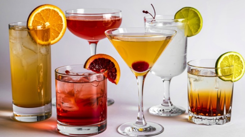 Six different cocktails with garnishes on a white background.