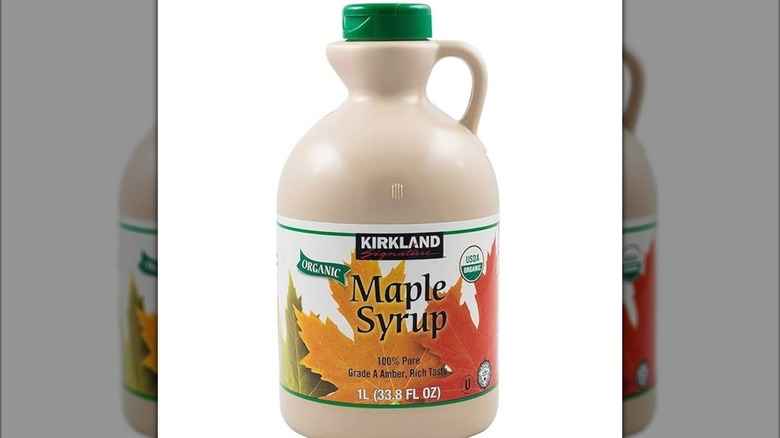 Jug of Costco Kirkland Signature maple syrup