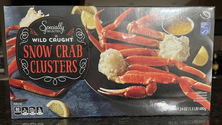 Close-up of a box of Specially Selected Wild Caught Snow Crab Clusters form Aldi