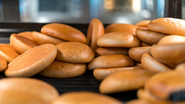 Burger buns at an industrial bakery.