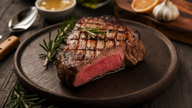 A piece of steak on a plate