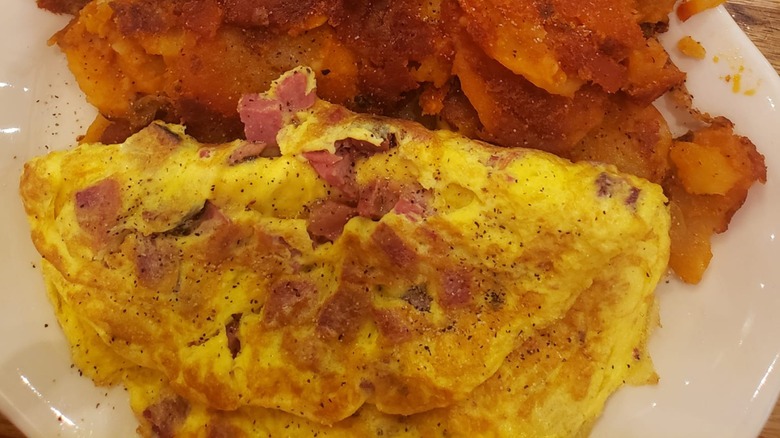 Omelet with potatoes from Kenny & Ziggy's New York Delicatessen on a white plate