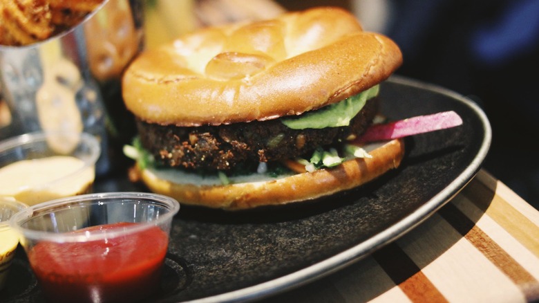 Pretzel burger on plate