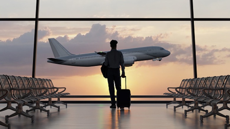 A silhouette of a man with a suitcase stands between rows of chairs at the airport looking out a window at a plane flying at sunset.