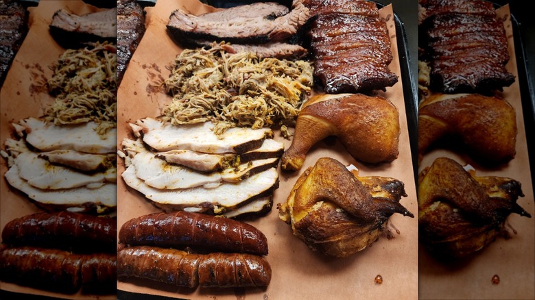 Various kinds of barbecued meat on tray