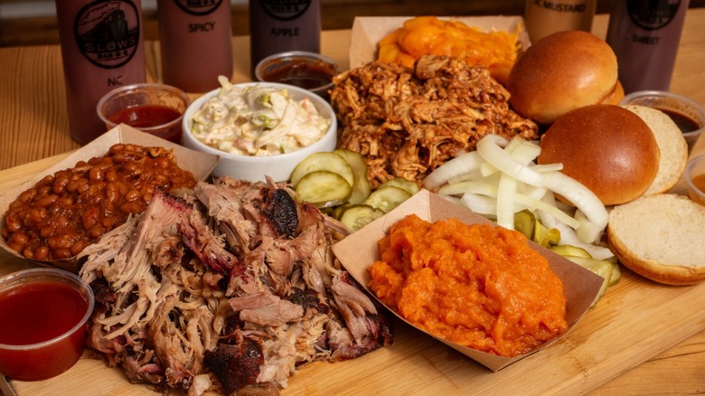 Barbecue spread on board